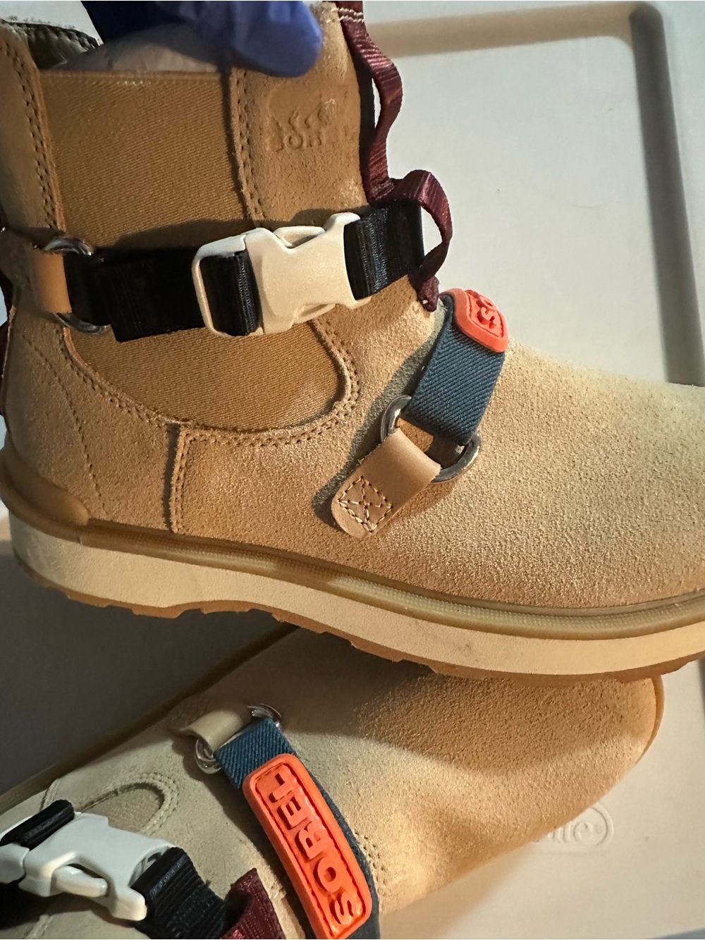 Sorel Beige Suede Boots with Blue and Orange Accents